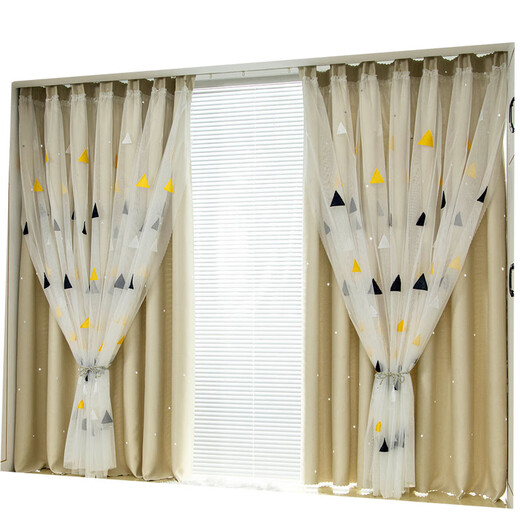 Wen Yijia punch-free hook-type curtains with sticky tracks for bedroom bay window modern simple rental room children's room complete set (including tracks) hook gray star triangle cloth gauze one track 1 meter, curtain width 1.5*height 1.5 medium opening