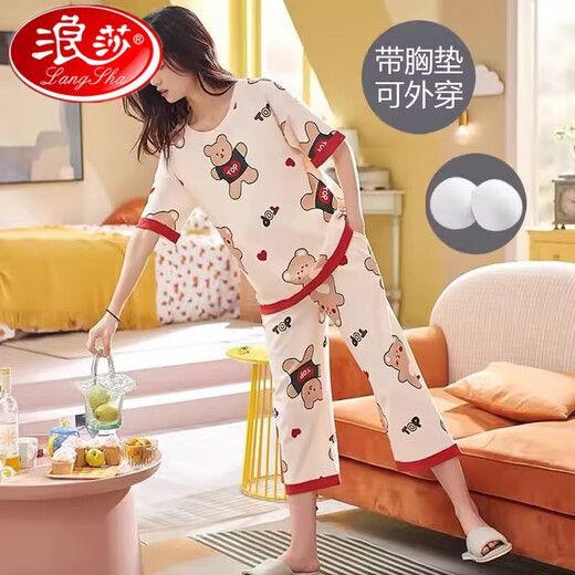 浪莎睡衣女士夏季带胸垫一体式纯棉短袖七分裤裤套装宽松家居服可外穿 带胸垫679巴比熊短袖七分裤 M码75-95斤左右 均码