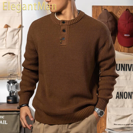 ElegantMan Henry Collar Sweater Men's Winter Lazy Style Thickened Tough Guy Loose Knitted Sweater Jacket Men's Autumn and Winter Khaki S _Suitable for 90-119Jin Jin is equal to 0.5 kg