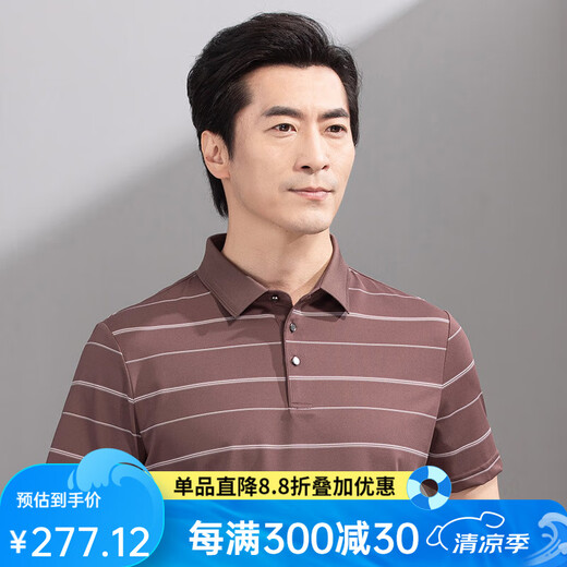 红都夏季新款男士短袖T恤商务休闲翻领簿款条纹微弹中年半袖t恤衫 咖色TA9226-2 2XL (185/100A)