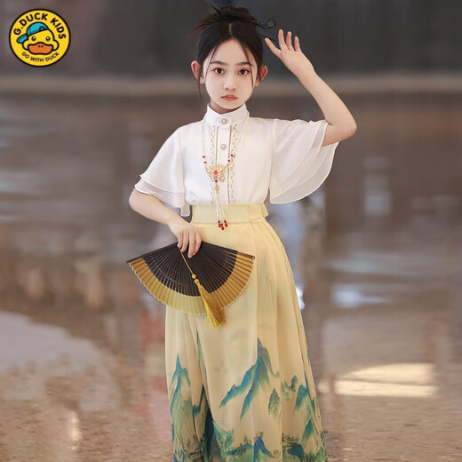 G.duckkids falda de la cara de caballo falda del traje del verano 2025 Nuevo estilo chino verano delgado hanfu mid-da niños chino espicación china 2677 meses blanco y azul [falda con cara de caballo + 2662 top] 110