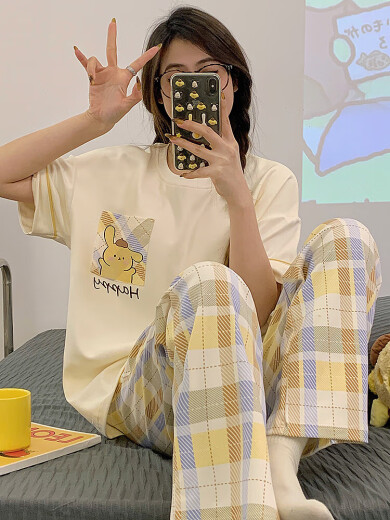 带胸垫睡衣女款棉质短袖长裤2025年新款卡通女士可外穿家居服套装 QGL9207 M