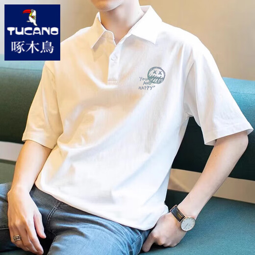 Holzpecker American Retro Herren-Polo-Hemd kurzärmelige, lose vielseitige Revers-T-Shirt 2025 Sommer Pure Baumwoll halbärmelte Top [3895-Wasp] Weiß M 85-110Jin [Jin entspricht 0,5 kg]