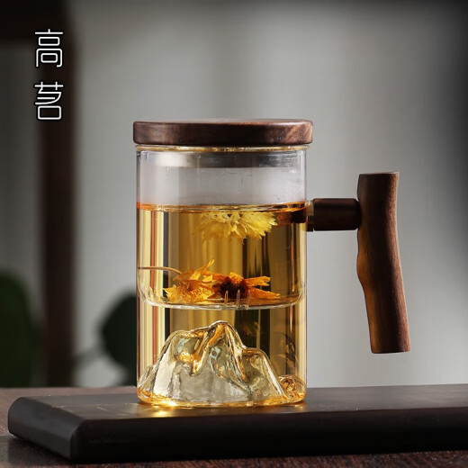 语森忆个人专用泡茶杯茶水分离男士带把喝茶水杯玻璃日式观山茶道杯子 9194鸿崖三件杯榉木450ML 200mL(含)-400mL(含)