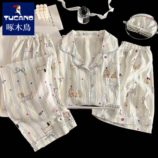 Specht Japaner Ins Stil Sommer kurzärmeligte Pyjamas für Frauen reine Baumwolle Gaze Drei-teilige süße Cartoon außerhalb von Heimkleidung Yunduo Cotton-9906# Star Welpe Drei-teilige Set L [vorgeschlagen 100-120jin [Jin gleich 0,5 kg]]