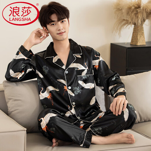 Langsha (Langsha) Frühlings- und Herbst-Pyjama-Männer mit langärmeligem Eis echte Seide, dünne Hauskleidung für Männer leichter Sommeranzug M6624 L [-140jin [Jin ist 0,5 kg]]]