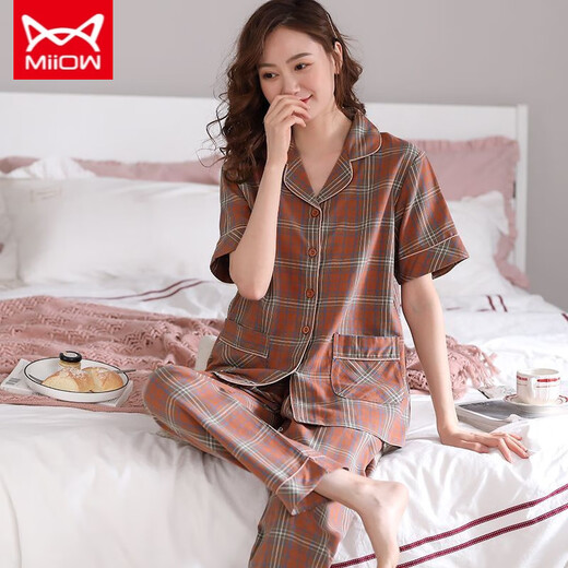 猫人 MIIOW新款睡衣女夏短袖长裤纯棉中妈妈薄款可外穿家居服套装 R:2101 9921 M 建议【80-100斤】