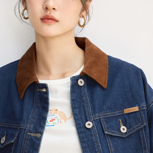 InMAN (INMAN) pure cotton contrast lapel denim jacket for women 2025 autumn fashion retro versatile loose jacket top dark denim blue XL