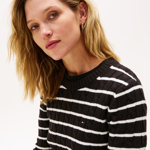 TOMMY HILFIGER [Circh Texture] 25 new autumn and winter women's striped sweater solid color round neck knitted cardigan [Striped Circh] Black and white striped BDS XS (recommended: 100 Jin [Jin equals 0.5 kg] or less)
