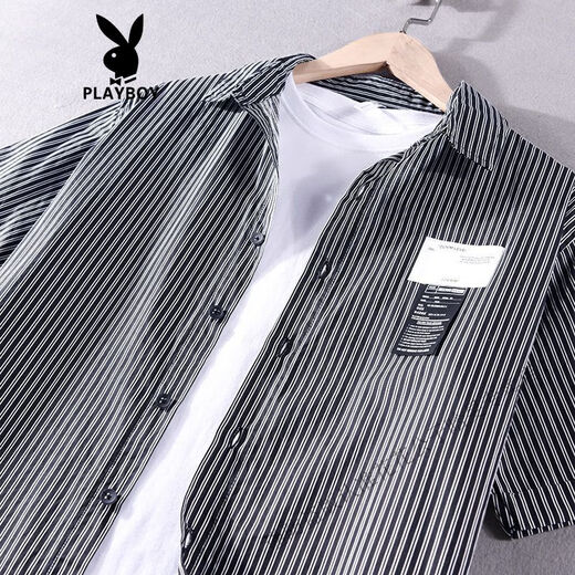 Playboy (PLAYBOY) striped shirt for men short-sleeved summer thin Japanese retro cotton free iron Korean casual half-sleeved labeled shirt 9740 blue L suitable for weight 125-140Jin [Jin equals 0.5 kg]