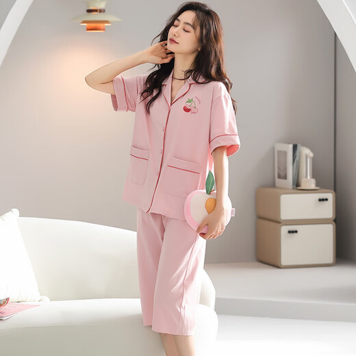 
Yalu middle-aged and elderly mother pajamas for women in summer pure cotton short-sleeved cropped pants casual cardigan home clothing two-piece set thin N9893 M 80-100Jin [Jin equals 0.5 kg]