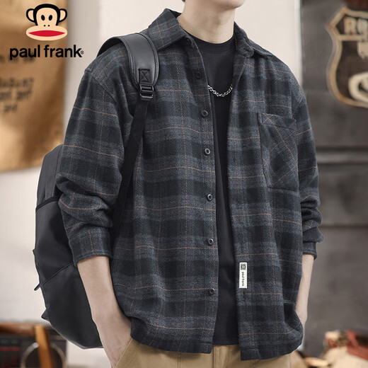 Paul Frank long-sleeved shirt men's spring and autumn plaid shirt men's casual workwear jacket men's top gray XL