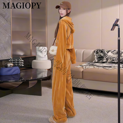 MAGIOPY国际奢侈高档品牌多巴胺休闲运动套装女春季2025新款洋气丝绒短款 桔色两件套 S(100斤以内)