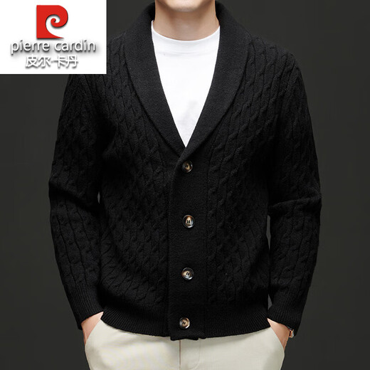 Pierre Cardin autumn and winter new high-end wool cardigan men's American style lazy style green fruit collar fashionable cable knit sweater jacket black L 170 recommended 115-135 Jin Jin equals 0.5 kg