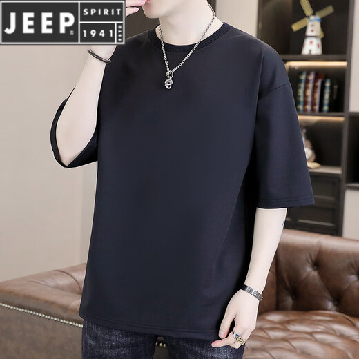 JEEP SPIRIT潮流纯色男士圆领宽松T恤2025夏季新款潮流帅气青年五分袖体恤衫 T9902白色 M