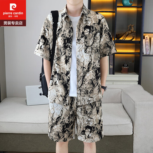 皮尔卡丹（pierre cardin）痞帅衬衣一套男夏季冰丝套装高级感花衬衫短袖短裤沙滩两件套搭配 679白色套装 M 110斤以内