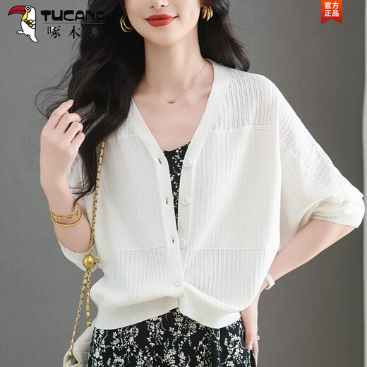
Woodpecker (TUCANO) ice silk knitted cardigan sun protection thin coat for women 2025 summer new long-sleeved small blouse shawl top black 4XL