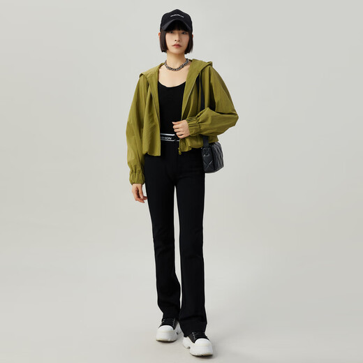 AMASS women's fashionable and versatile casual letter webbing four-sided elastic small black micro-flare formal suit pants for women 5100460 signature fabric-black M (size 3)