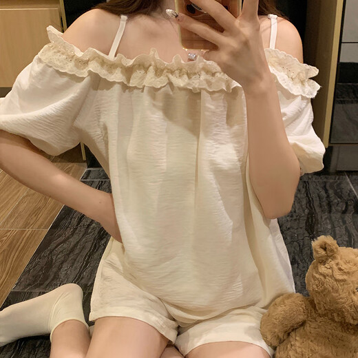 
Shantoulin Village summer pure cotton suspender pajamas for women 2024 new sexy pure and sexy style one-shoulder short-sleeved girl suit home clothes 12346 pocket kitten M