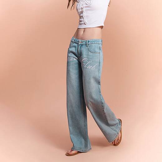 CHUU字母阔腿牛仔裤女2025年夏季新品星星磨破毛边磨白直筒长裤子 浅牛仔蓝 26