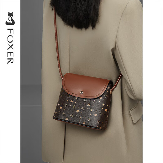 金狐狸水桶包包女205新款感老花迷你斜挎小包腰包通勤单肩包 咖色-Brown【礼盒包装】