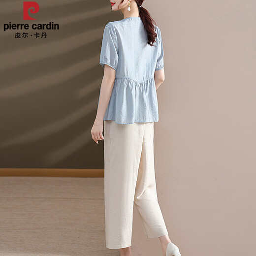 
Pier Cardin Mom Summer 2025 New Set Fashionable Middle-aged Women's Summer Short Sleeve Shirt Fashionable Wide Leg Pants Two-Pack Show 9435 Light Green Set L [Suggested 90-105Jin [Jin equals 0.5 kg]]