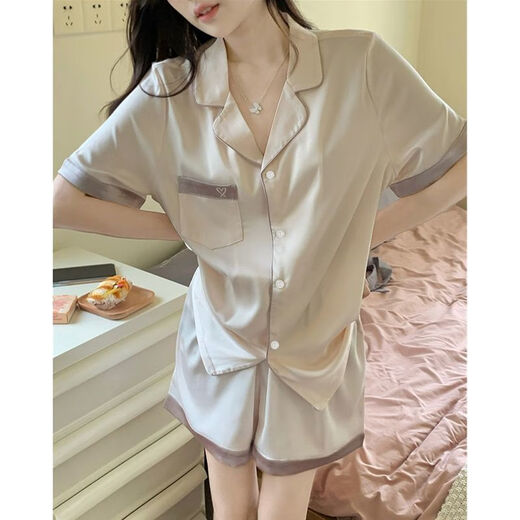 Ttpmer-Pyjamas für Frauen im Sommertag Ice Seide 2025 Kurzärärmelte zweiteilige Set von Blumenkleidung im Internet-Promi-Stil können außerhalb von LW-9207 m getragen werden [empfohlen 80-100jin [Jin gleich 0,5 kg]]]