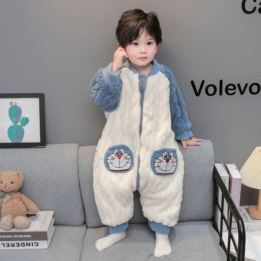 Children's one-piece pajamas autumn and winter coral velvet thickened baby anti-kick quilt winter flannel boy sleeping bag blue 90