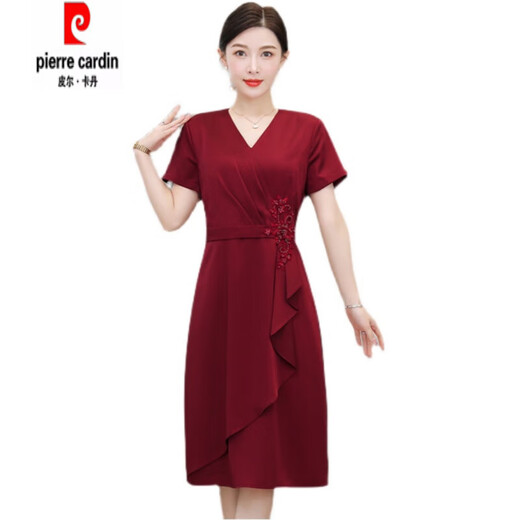 皮尔卡丹国庆结婚喜婆婆婚宴装连衣裙平时可穿小个子婚礼礼服高贵年轻 红色 【6197款原版质量】 2XL 【建议120-130斤】