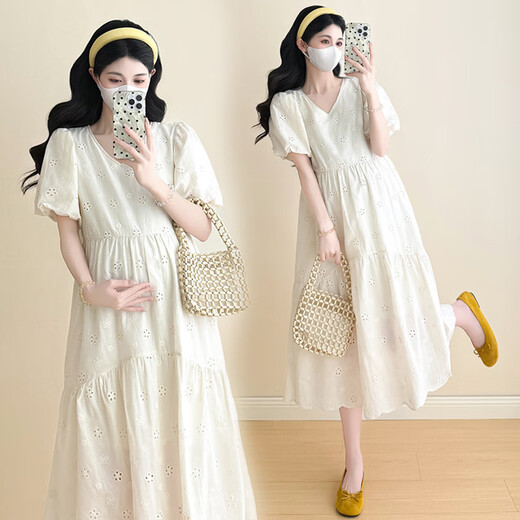 Ran Qiqi pregnant women's dress light luxury high-end 2025 new summer French cotton hollow short-sleeved loose large-size skirt milk apricot color L