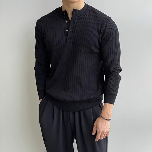 High quality sweater men's trendy brand Henry collar striped Italian business casual all-match bottoming sweater men's msn JCF M10# black XL