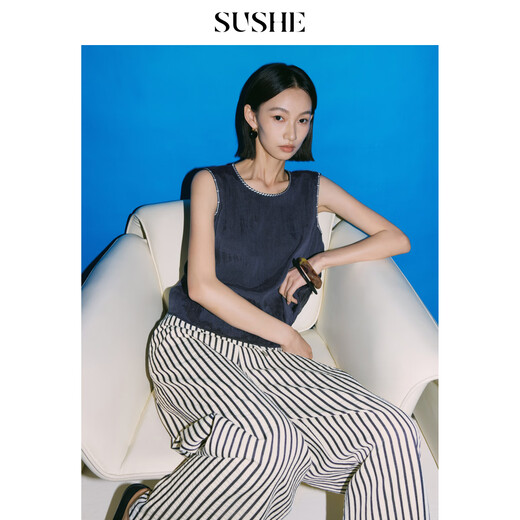 SUSHE Lingjian ethnic style embroidered sleeveless top drape skirt loose straight pants suit women summer Cenlan-top M