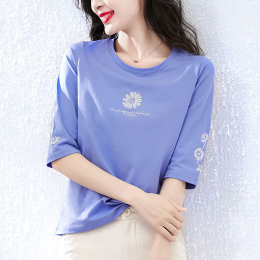 T-shirt à manches à trois quarts aux yeux de côté pour les vêtements pour femmes de la mode, mince et petit ventre 2025 Nouveau haut à manches à mi-manche W6172 Bleu à mi-manches M recommandé 80-105jin [Jin est égal à 0,5 kg]
