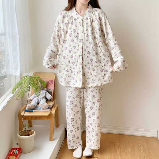怀尔蔚纯棉月子服睡衣产前产后家居服两件套长袖哺乳春夏秋怀孕 A1105黑花套装侧开式 M 90-105斤
