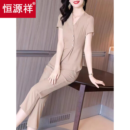 
Hengyuanxiang summer women's clothing 2025 new European products fashion professional temperament commuting light mature shirt foot pants two-piece set 2XL