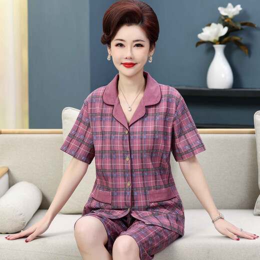 Opeodly Sommer im mittleren Alter der Mutter Pyjamas Frauen Kurzärärmelte große Zweiteiler-Anzug mit mittleren und älteren losen Heimkleidung N9871 M (80-100jin [Jin ist gleich 0,5 kg])