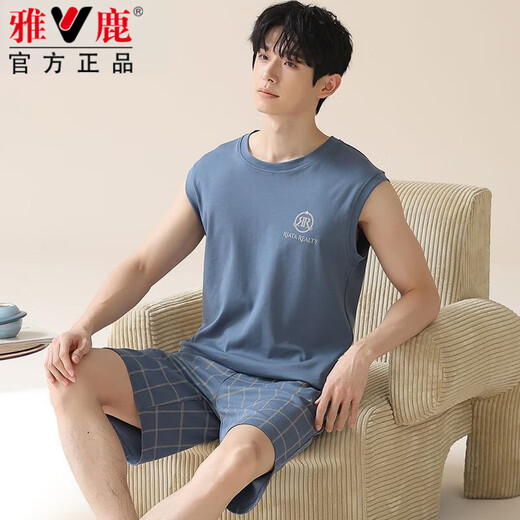 雅鹿睡衣男士夏季纯棉新款背心短裤休闲运动家居服套装大码无袖夏天 OMM-13063 L (100-125斤)