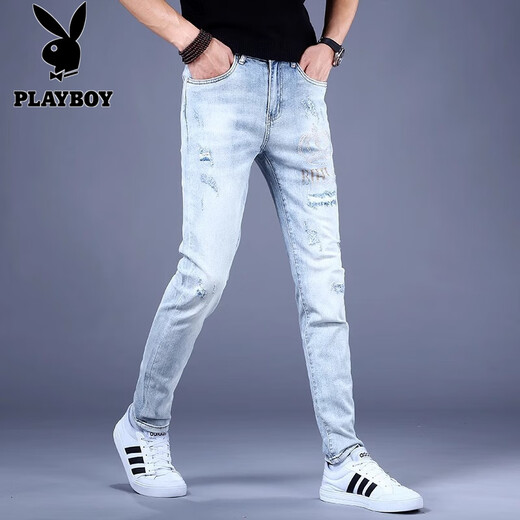花花公子（PLAYBOY）高端高弹力牛仔裤男士春夏季破洞刺绣修身小脚浅色百搭长裤子男 浅蓝色 3890【高弹性】 31 【建议125-135斤】