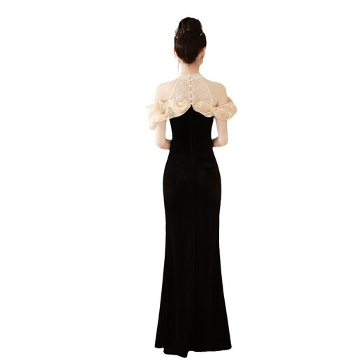 ROMON evening dress for women 2026 new banquet style celebrity French high-end light luxury one-shoulder host fishtail skirt black velvet style S