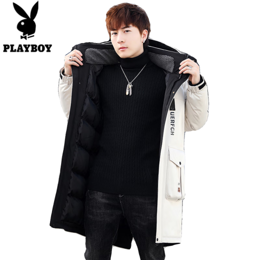 Playboy (PLAYBOY) mid-length down jacket men's new winter trend Korean down jacket youth winter warm jacket 829 beige 2XL 140-155Jin Jin equals 0.5 kg