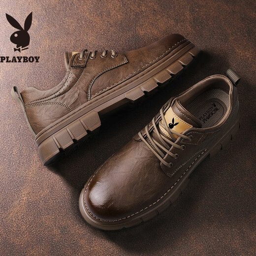 PLAYBOY Leather Shoes Men's 2025 Autumn Business Casual Shoes Soft Sole British Formal Shoes Low-top Work Shoes Brown 42