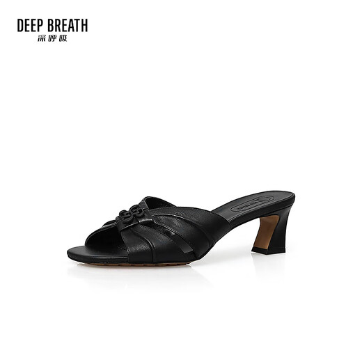 Deep Atem Tief Atem Frauenschuhe Schaffell weiche faltige dicke Absätze Jingshe bequeme High Heel Sandalen Ax14116 Schwarz 39