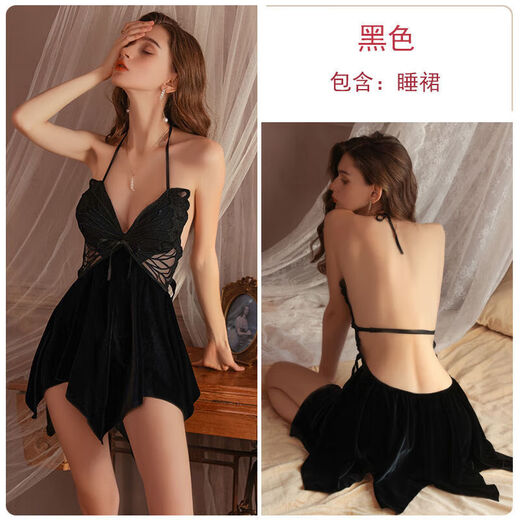 画枕眠（HUAZHENMIAN）连衣裙瑰若感深V惑蝴蝶蕾丝加垫丝绒吊带睡裙外袍家居服装4053 3879黑色（外袍+腰带）+睡裙 M