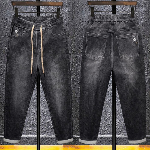 
Bao Qiaoxu summer jeans men's elastic waist high elastic loose fit casual pants men's Korean style trendy trousers 3883 black regular 29 106-115Jin [Jin equals 0.5 kg]