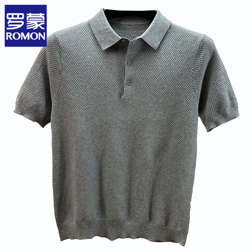ROMON pineapple stitch knitted short-sleeved T-shirt men's lapel summer 100% cotton polo men's half-sleeved solid color clothes gray XL