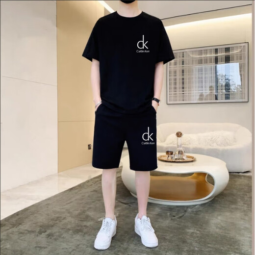 Calvin Klein Jeansck kurzärmeliger Anzug Sommer Männer reines Baumwoll-T-Shirt-Gelegenheits-Shorts Locker Los großer Fünf-Punkte-Sporthosen Trendy Herren-Kleidung 701 Setzen Sie schwarz 2xl (165-190jin [Jin gleich 0,5 kg])