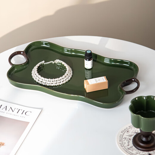 SUCCOHOMEWARE retro cream style ceramic binaural tray dinner plate tea tray household cup and saucer drain tray living room desktop storage tray green-ceramic tray