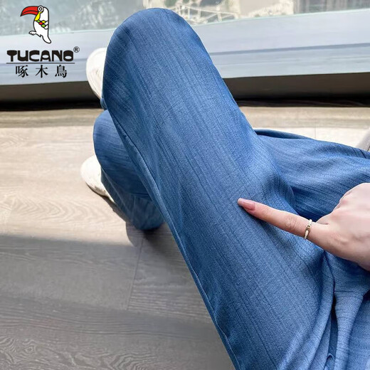 Woodpecker 2025 Été Nouveau tennis mince Denim Cool Rydroopy High Taist Slim Casual Straight-Lig-Pantal Pantalon pour femmes Bleu clair 3xl recommandé 140-155jin [Jin est égal à 0,5 kg]
