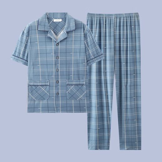 Ttpmer Pyjamas Herren Sommer Baumwolle kurzärmelige Hose Sommer-Strickjacke Dünne große Studenten-Jugend-Kleidungsstücke G3884 Blau (kurzärmelig) 185 2xl [Empfohlen 140-160jin [Jin gleich 0,5 kg]]