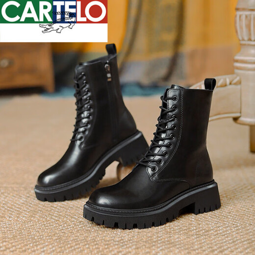 CARTELO True Soft Leather Martin Boots Women's British Style 2025 New Spring and Autumn Fleece Brown Thick-soled Short Boots Motorcycle Boots Black Single Li 37